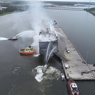 Aerial shot of several fire-rescue boats spraying the vessel MV HOEGH XIAMEN with water